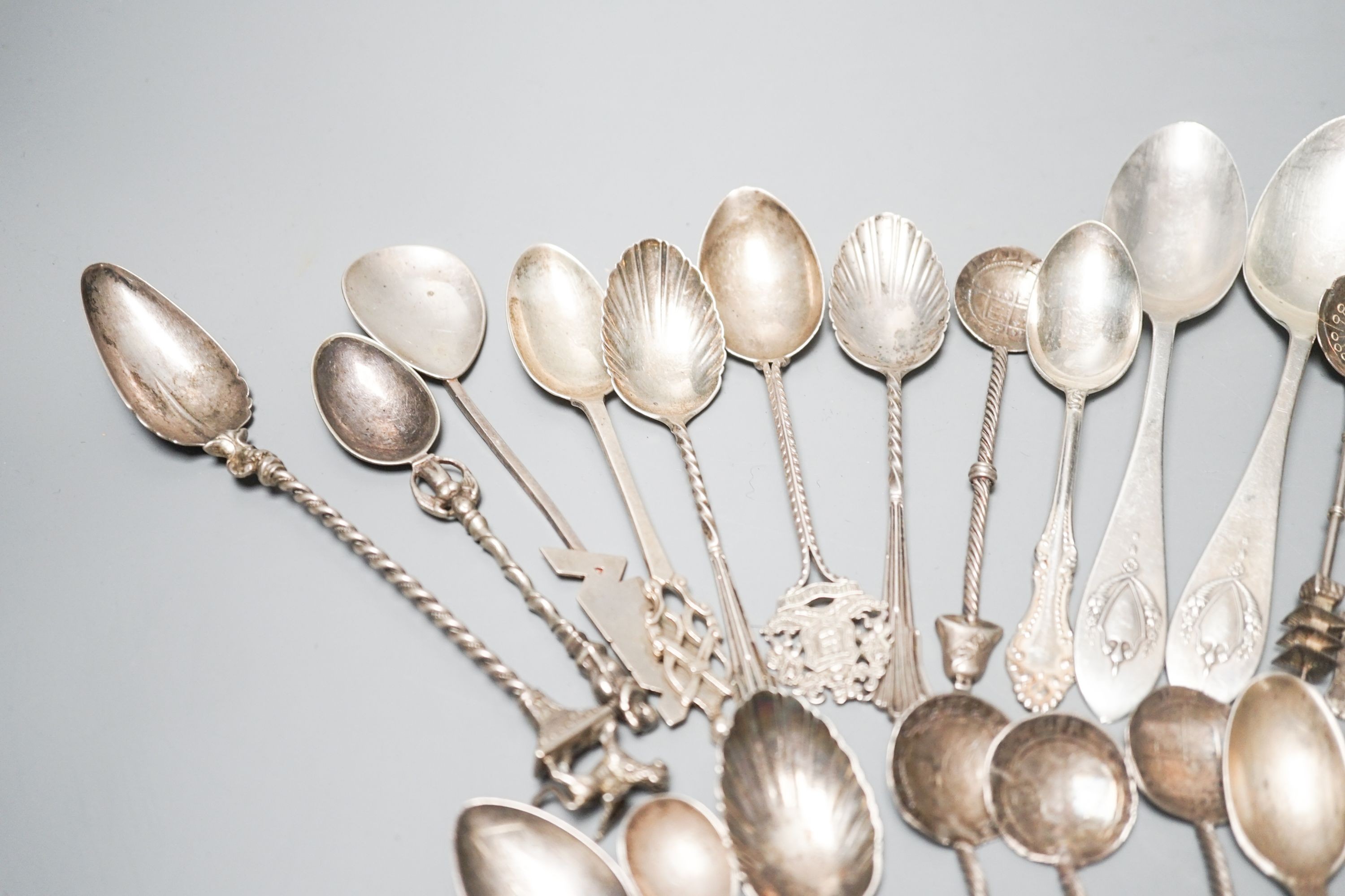 A group of assorted mainly silver and white metal minor flatware and a silver bookmark.